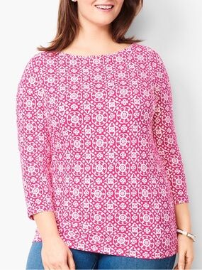 Talbots Pink & White Geometric Short Sleeve Tee